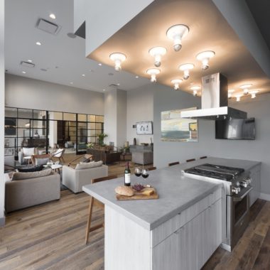 Clubroom Kitchen with large island and ample lighting