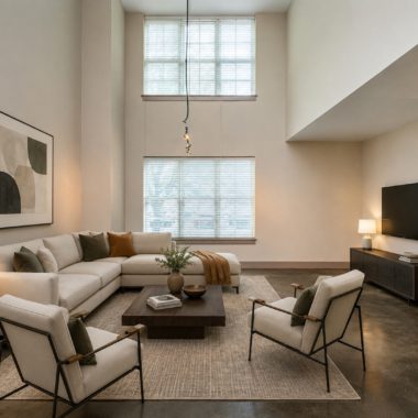 large double height loft living space with living room and dark wood furniture and neutral accents